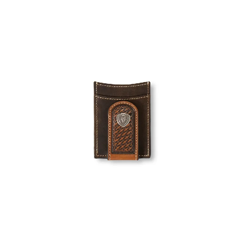 Backpack tough design-Ariat Basket Weave Sunburst Brown Magnetic Money Clip Wallet