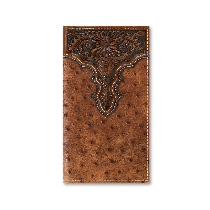 Backpack foldable leather-Ariat Ostrich Floral Embossed Brown Rodeo Wallet