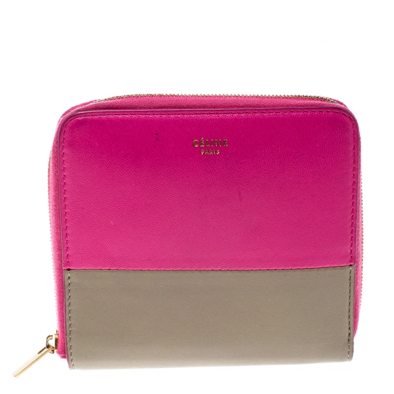 Wallets with luxury slots-Celine Pink/beige Leather Zip Around Compact Wallet..