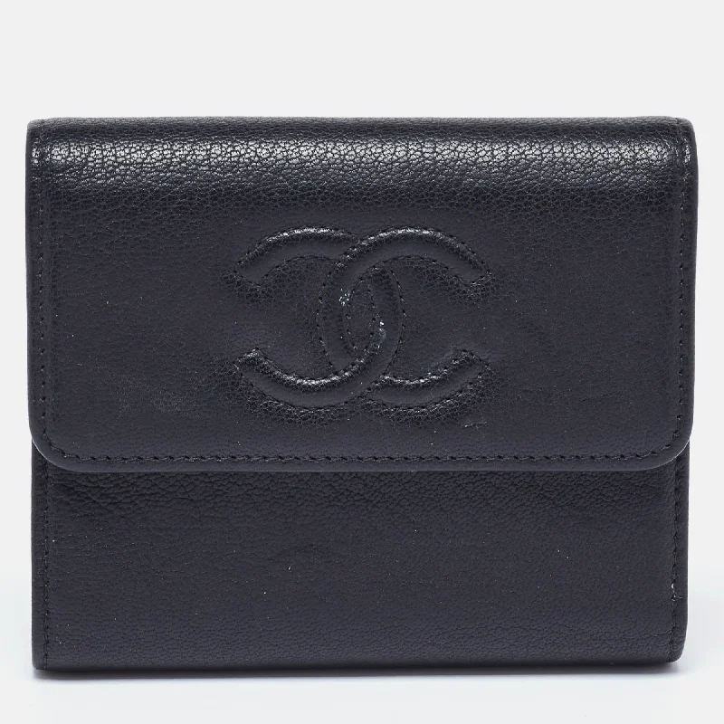 Keychains with stylish straps-Chanel Black Leather Timeless Cc Flap Trifold Wallet