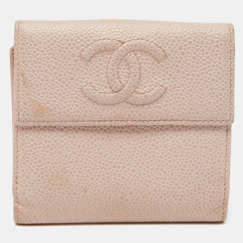 Keychains with travel clips-Chanel Pink Caviar Leather Cc Compact Wallet