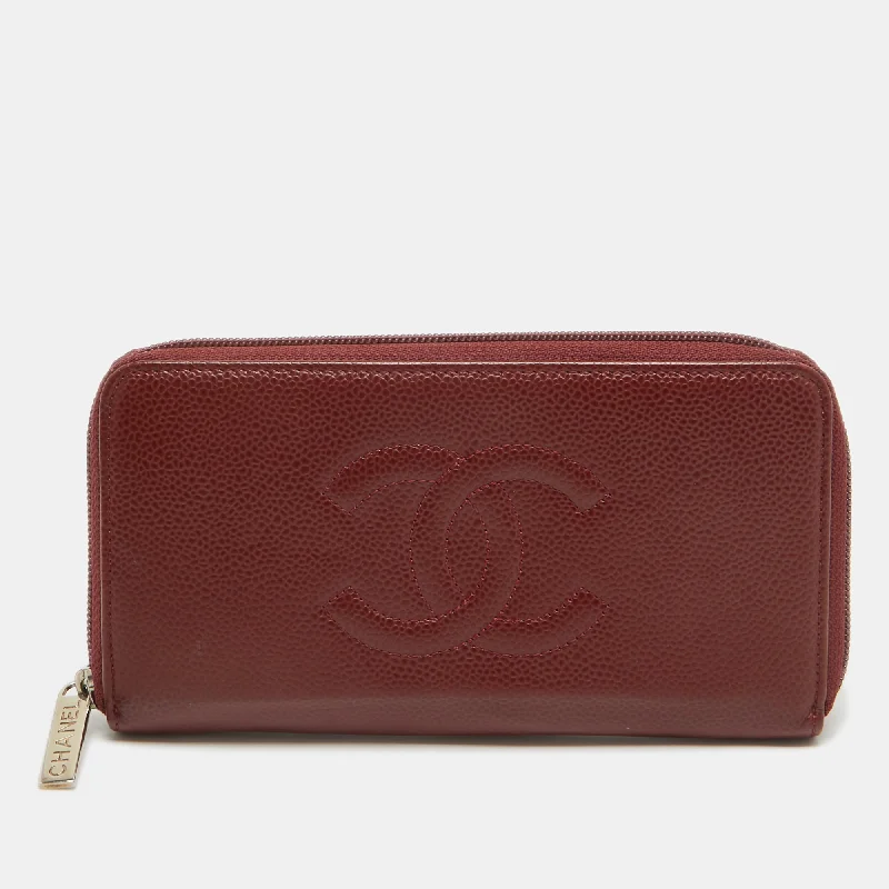 Wallets with loud flaps-Chanel Red Caviar Leather Cc Timeless Zip Around Wallet