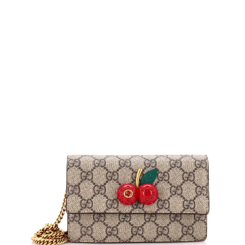 Keychains with playful straps-Cherries Wallet on Chain GG Coated Canvas Mini