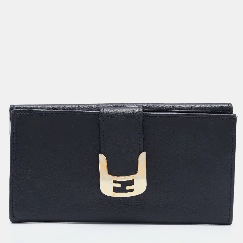 Keychains with small tools-Fendi Black Leather Flap Continental Wallet