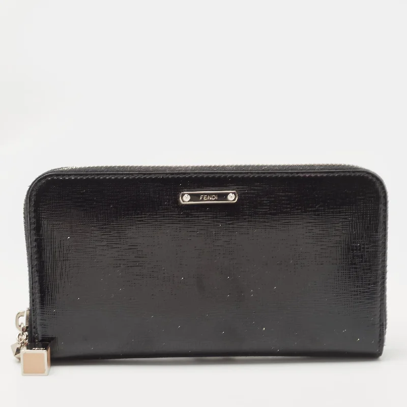 Wallets for casual slots-Fendi Black Patent Leather Zip Around Wallet