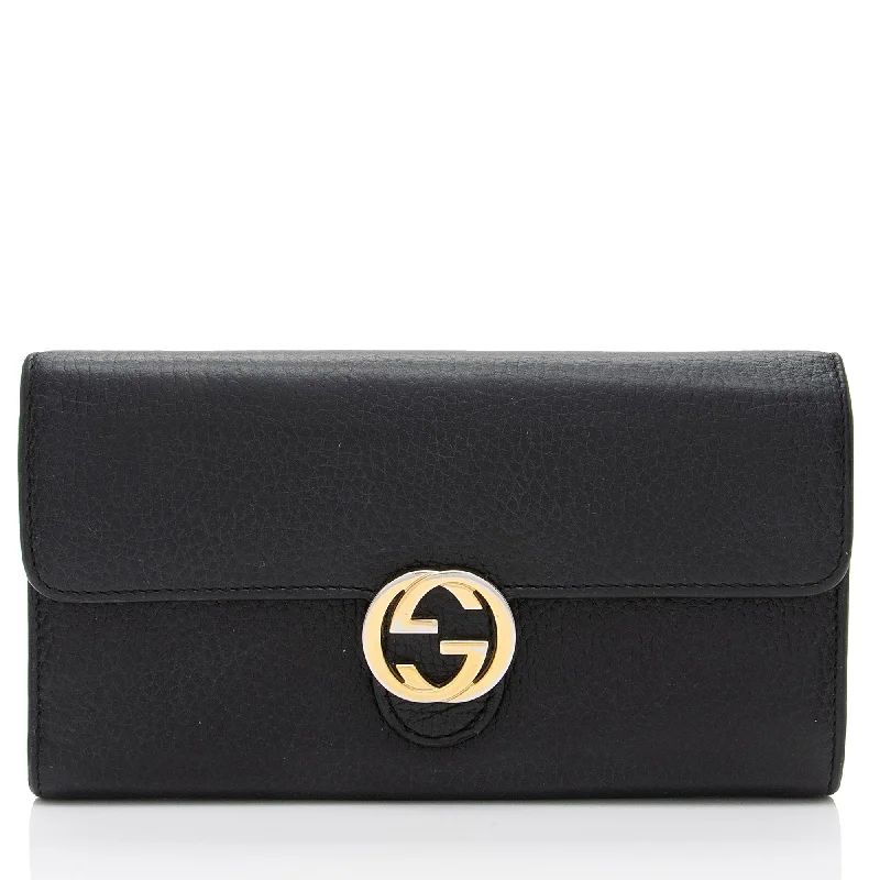 Keychains with metal logos-Gucci Leather Interlocking G Continental Wallet