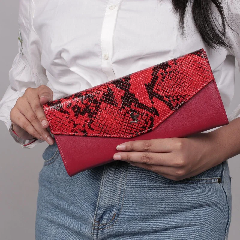 Wallets with card slots-Onyx Snake Print | Leather Wallet for Women | 100% Genuine Leather | Color: Red & Yellow