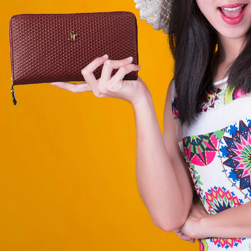 Wallets with holiday tones-Palm II | Brick Leather Wallet for Women | 100% Genuine Leather | Color: Cherry, Black & Brown