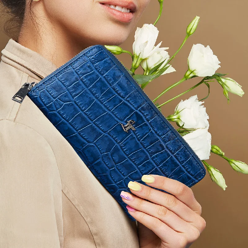 Keychains with bold clips-Palm II | Croco Leather Wallet for Women | 100% Genuine Leather | Color: Blue & Black