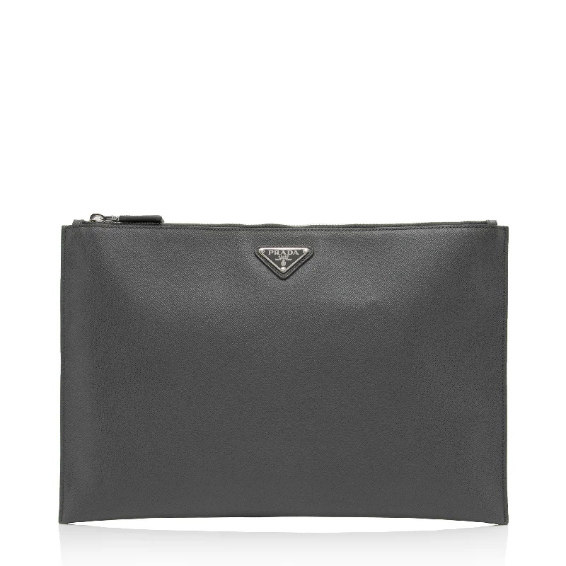 Keychains with metallic finishes-Prada Saffiano Zip Pouch