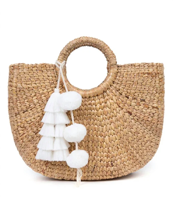 Wallets with slim pockets-Straw Basket Bag With Tassel Pom Pom Charm In Tan