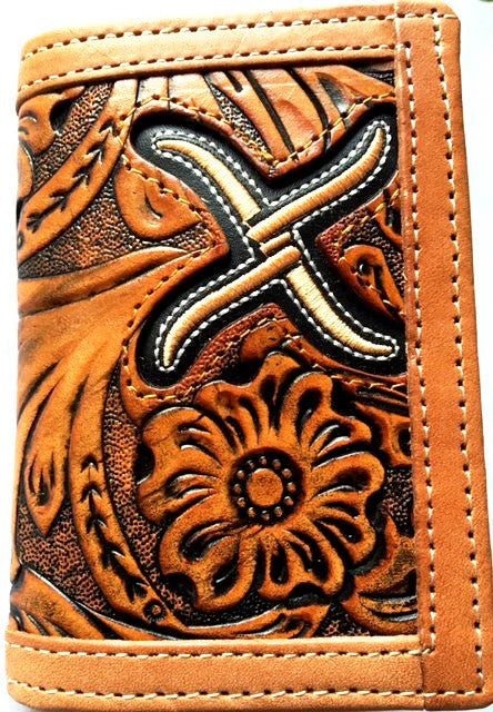 Backpack stylish leather-Twisted X Tooled Leather with Embroidered Inlay Tri-Fold Wallet