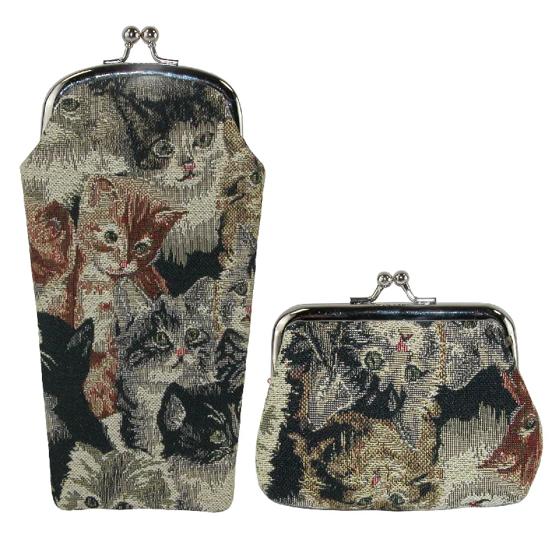 Wallets with snap flaps-Women's Cat Print Tapestry Glasses Case and Coin Purse Set