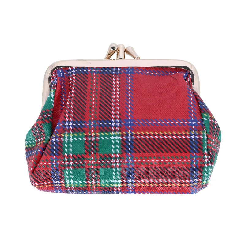 Keychains with gem hooks-Women's Tartan Plaid Printed Vegan Leather Triple Frame Coin Purse