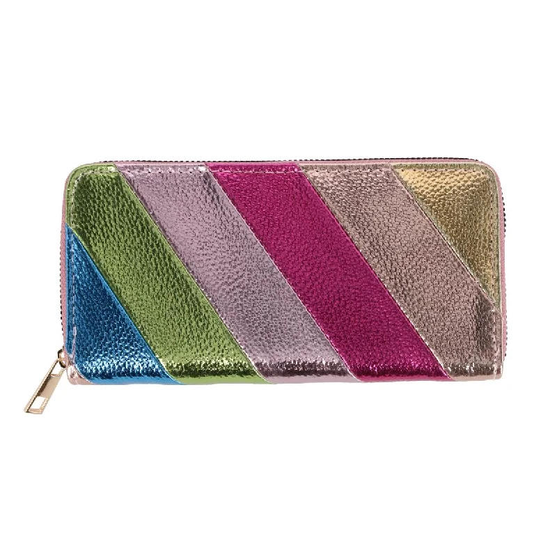 Wallets with trifold slots-Women's Vegan Leather Rainbow Striped Wallet