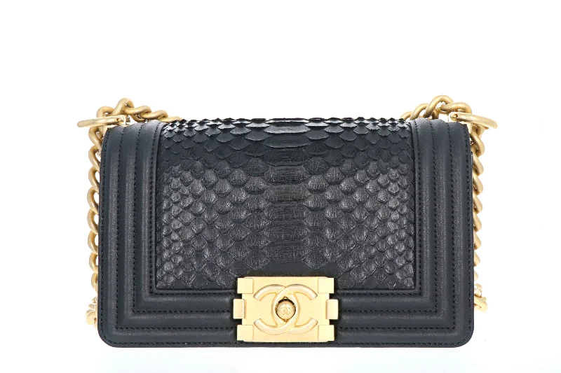 Handbag baby essentials-Chanel Exotics  Small Boy Bag Black Python Molurus Leather