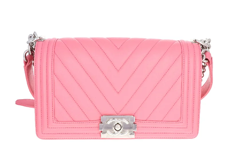 Handbag review sites-Chanel Pink Chevron Quilted Lambskin Medium Boy Bag