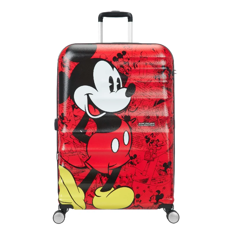 Travel suitcase for vacations-American Tourister Disney Wavebreaker Spinner Large Luggage - Mickey Comics Red