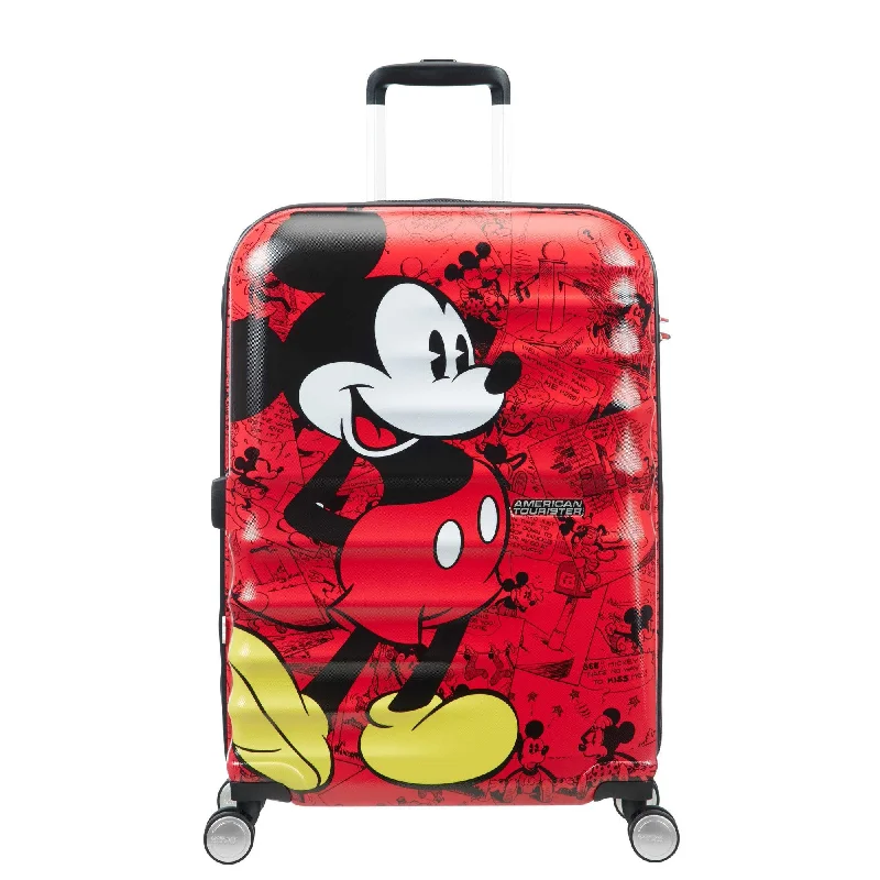 Suitcase with reflective strips-American Tourister Disney Wavebreaker Spinner Medium Luggage - Mickey Comics Red