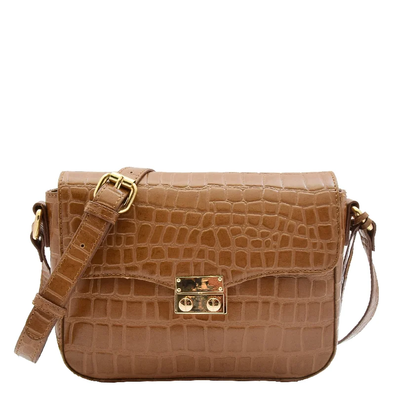 Handbag color block-Womens Cross Body Bag Croc Print Handstitched Leather Handbag Maude Tan