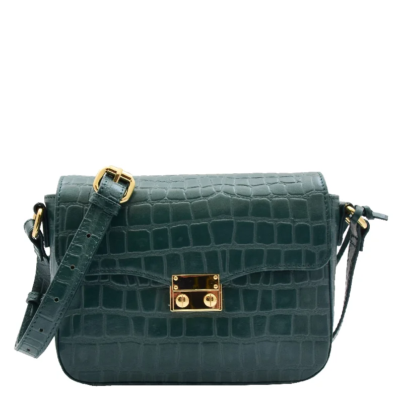 Handbag monochrome look-Womens Cross Body Bag Croc Print Handstitched Leather Handbag Maude Green