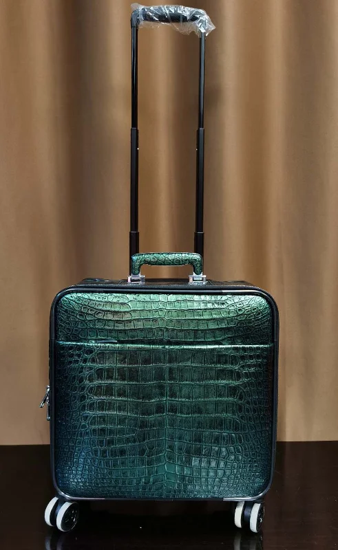 Suitcase with side organizers-Crocodile Leather 15 in -Mini Carry- On Luggage Dark Green