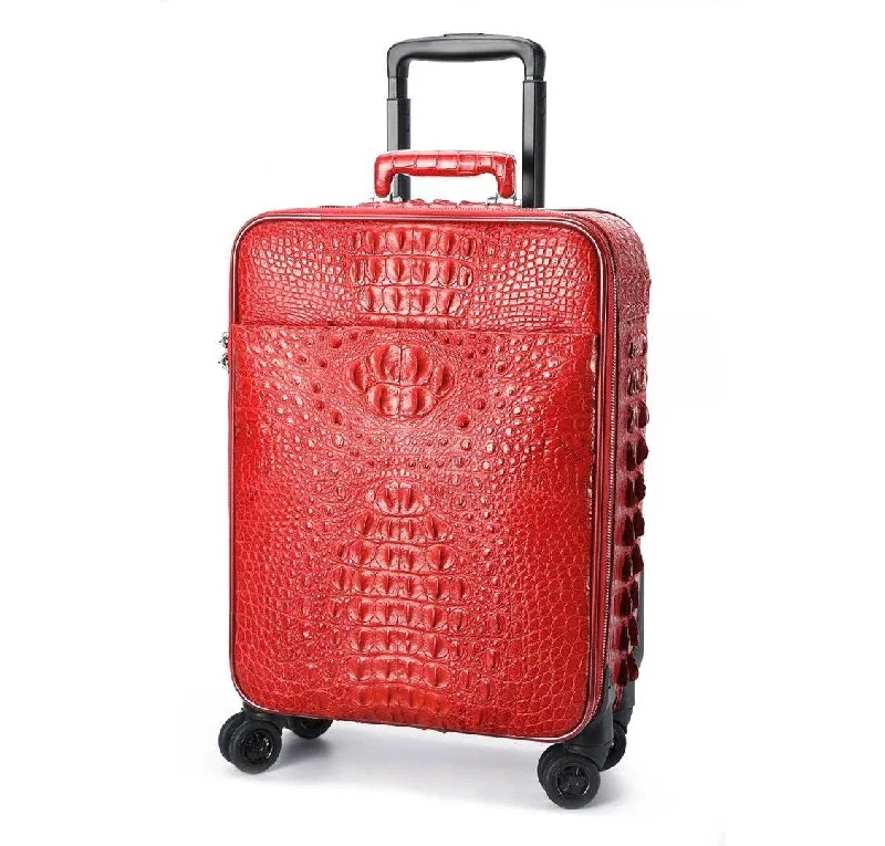 Compact suitcase for boys-Genuine Crocodile Leather Luggage Roller Trolley Case 4 Spinner Wheels Travel Bags Red