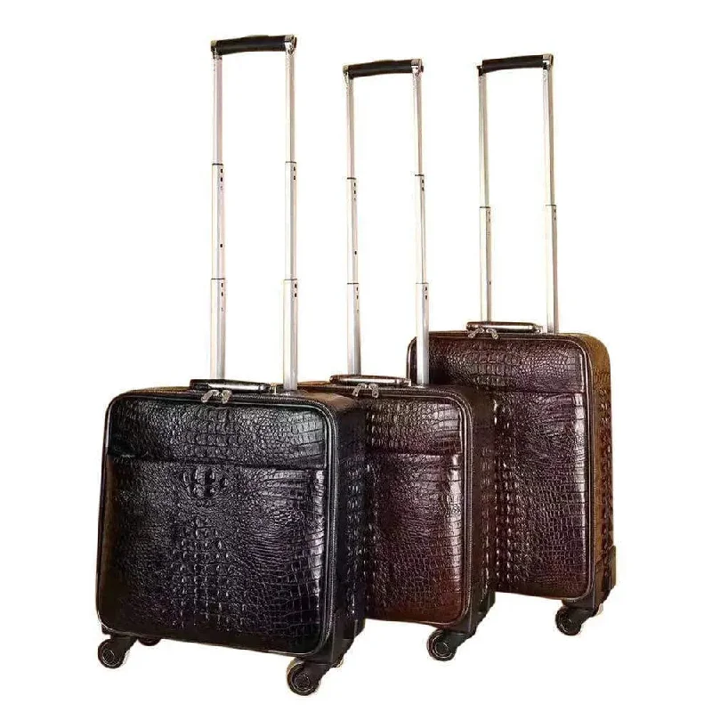 Suitcase for multi-day trips-Genuine Crocodile Leather Luggage Roller Trolley Case 4 Spinner Wheels Travel Bags