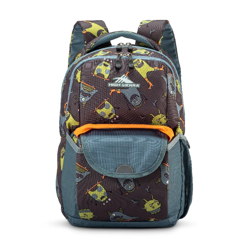 Backpacks with laptop protection-High Sierra Ollie Lunchkit Backpack - Monsters On Wheels/Grey