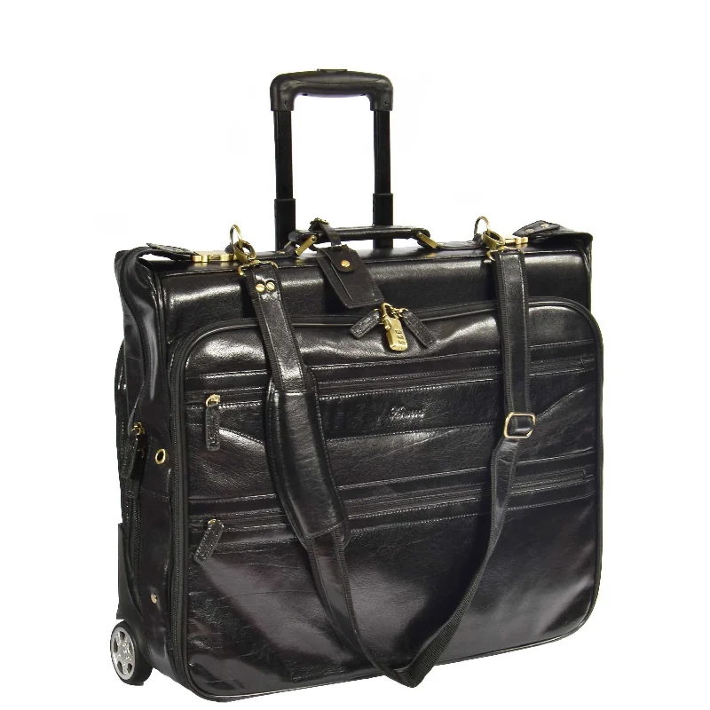 Affordable travel suitcase for women-Leather Suit Carrier with Wheels HOL13 Black