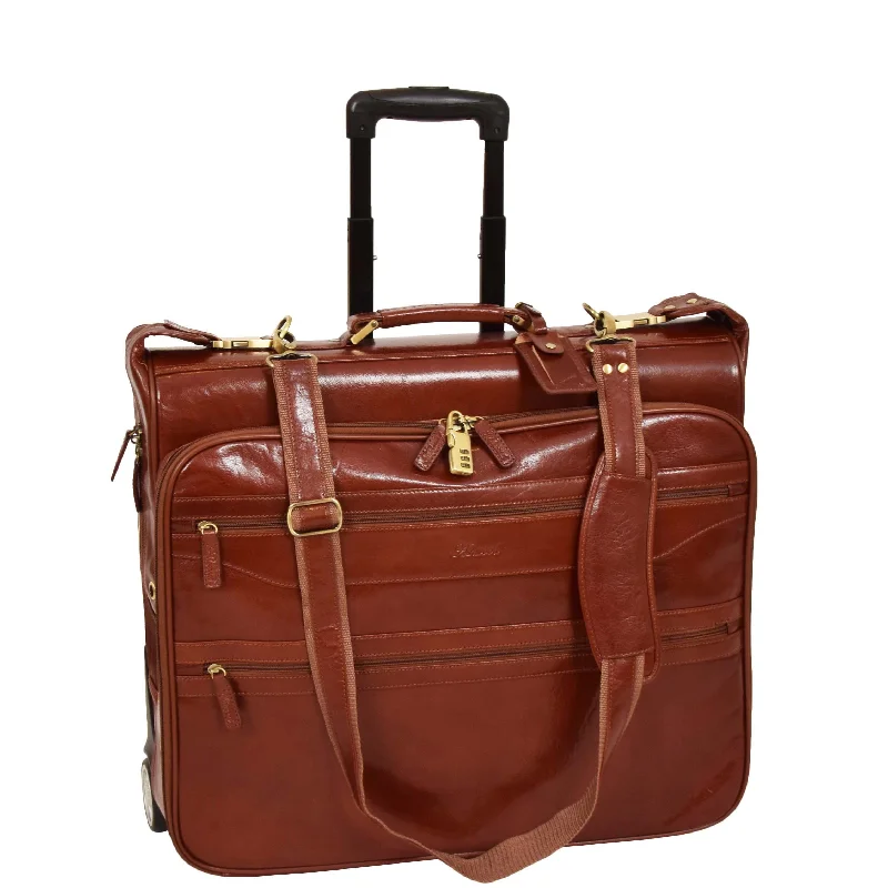 Suitcase for urban adventures-Leather Suit Carrier with Wheels HOL13 Cognac