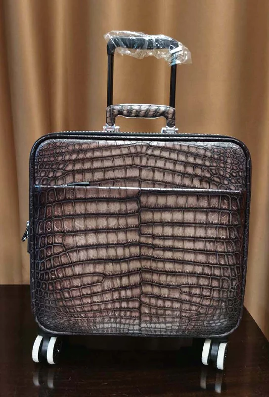 Anti-theft suitcase for boys-Nile  Crocodile Leather 15 in -Mini Carry- On Luggage Vintage Grey