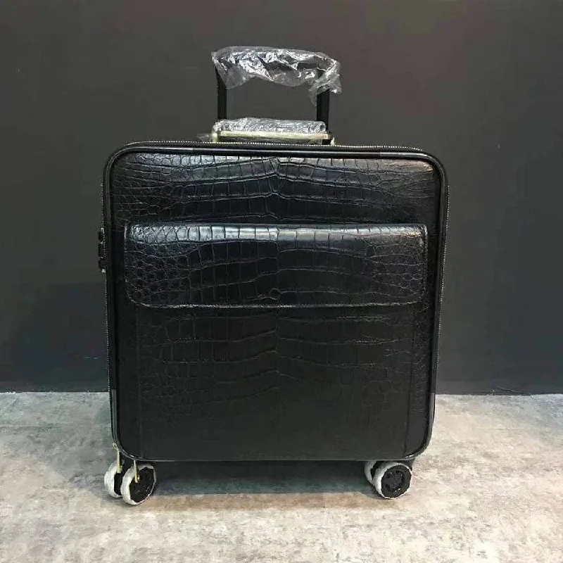 Durable suitcase for boys-Trolley/Roll Aboard Suitcase Black Crocodile Belly Skin Leather Weekend/Travel Bag Trolley Case Universal Wheels Box Suitcase Pull Case