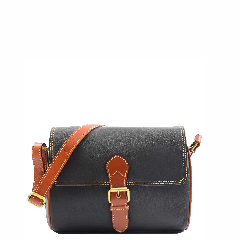 Handbag statement piece-Women Genuine Leather Crossbody Bag Satchel Saddle HANNAH Black/Tan