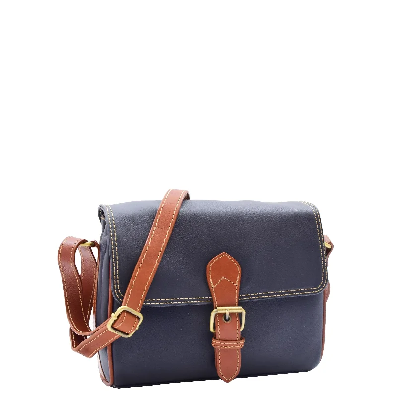 Handbag subtle elegance-Women Genuine Leather Crossbody Bag Satchel Saddle HANNAH Navy/Tan