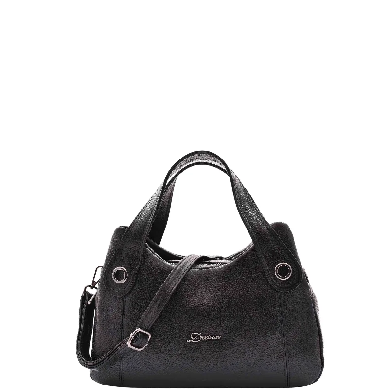 Handbag maximalist flair-Womens Grained Leather Shoulder Bag Zip Small Size Handbag Daisy Black