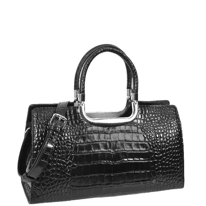 Handbag sporty design-Womens Leather Croc Print Handbag Madeline Black