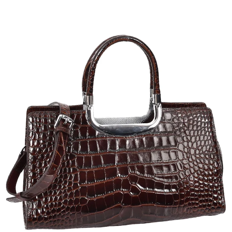 Handbag preppy charm-Womens Leather Croc Print Handbag Madeline Brown