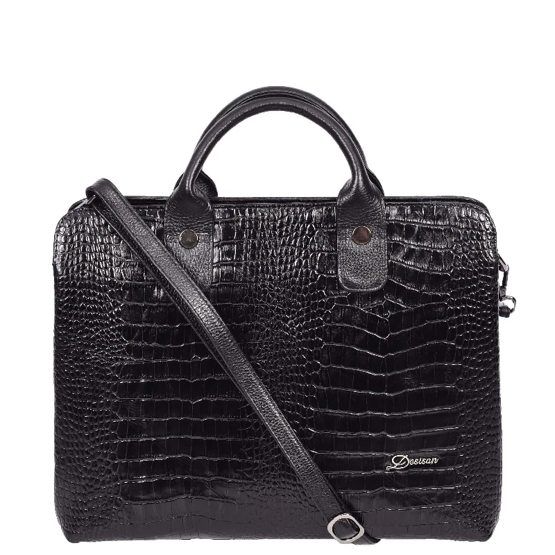 Handbag Cyber Monday-Womens Real Leather Croc-Print Shoulder Bag A4 Size Business Handbag Millie Black