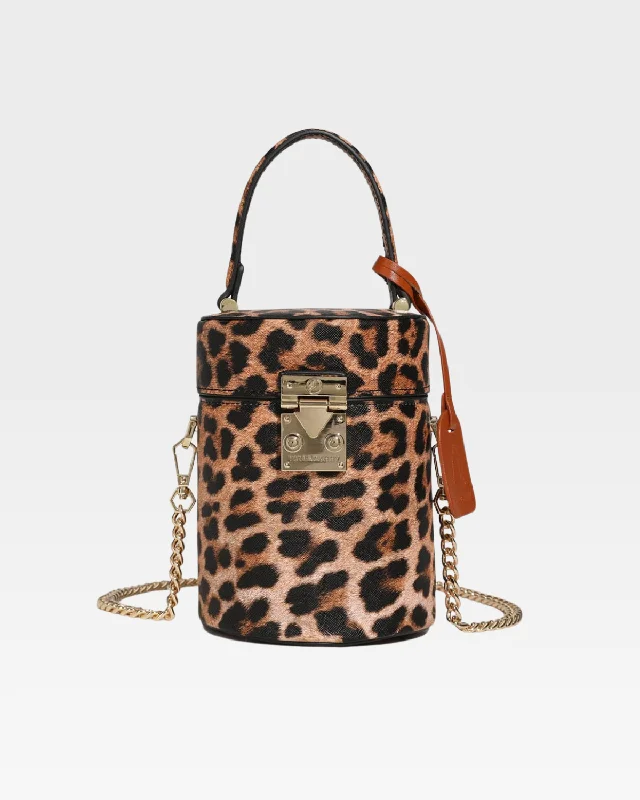 Top mini backpack sales online-Leopard Print Mini Barrel Purse in Brown