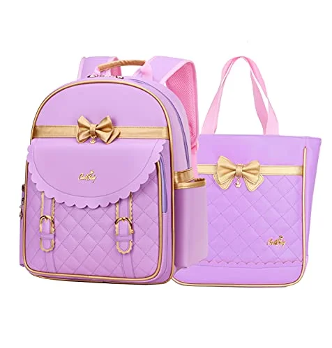 Handbag woven details-Gazigo Children Princess Waterproof PU Backpack for Elementary School Girls (Large:16.1 x 11.8 x 5.9 inch, Purple Backpack + Handbag)