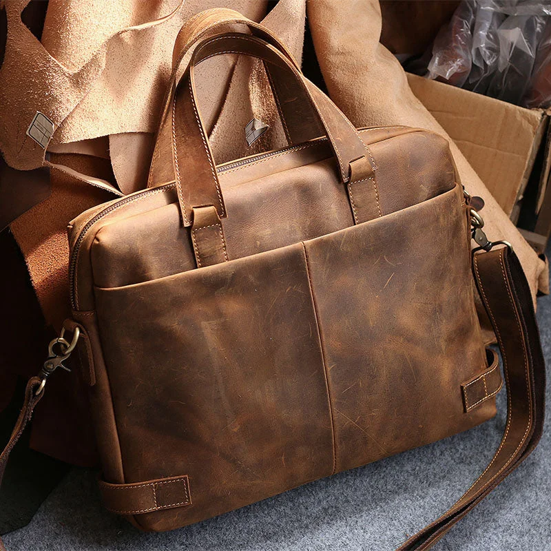 Handbag large capacity-Luxury Brand Designer Natural Crazy Horse Leather Men Handbags Perfect Quality 14" Laoptop Bag