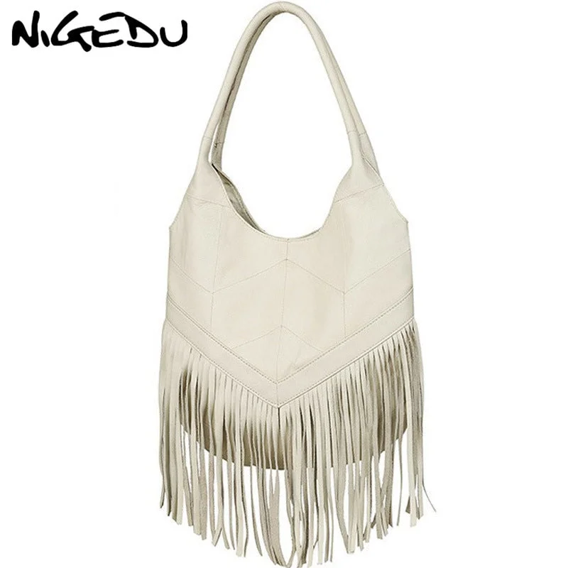 Handbag satchel look-Nigedu 100% Genuine Leather Women Shoulder Bag Tassel Design Women'S Handbags Large Capacity