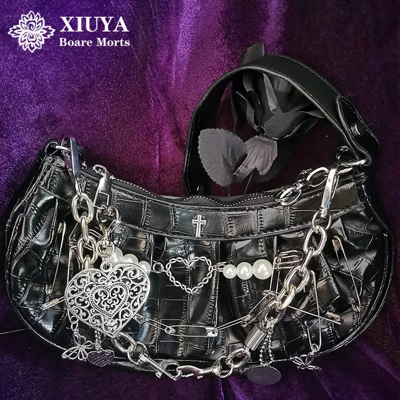 Handbag Mexico fiesta-Xiuya Harajuku Gothic Shoulder Bag Women 2022 Vintage Cross Clip Pearl Chain Goth Bag Pleated Dumplings Handbag Woman Clutch